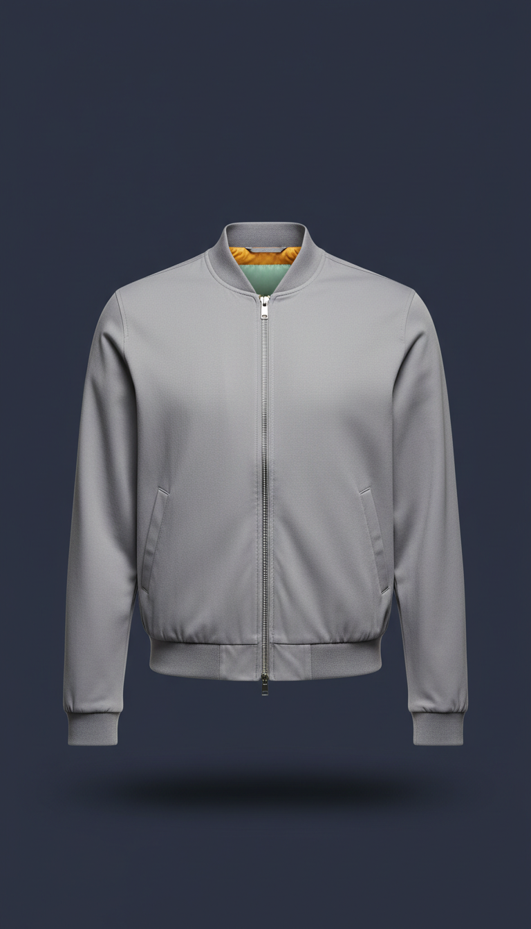 Soft Grey Bomber Jacket With Ribbed Trim